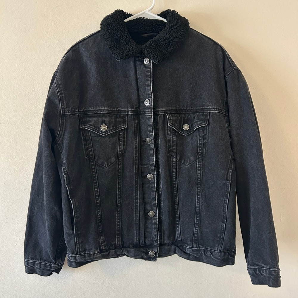 ASOS DENIM Black Washed Sherpa Lined Trucker Jacket‎ US 10 - Picture 6 of 14
